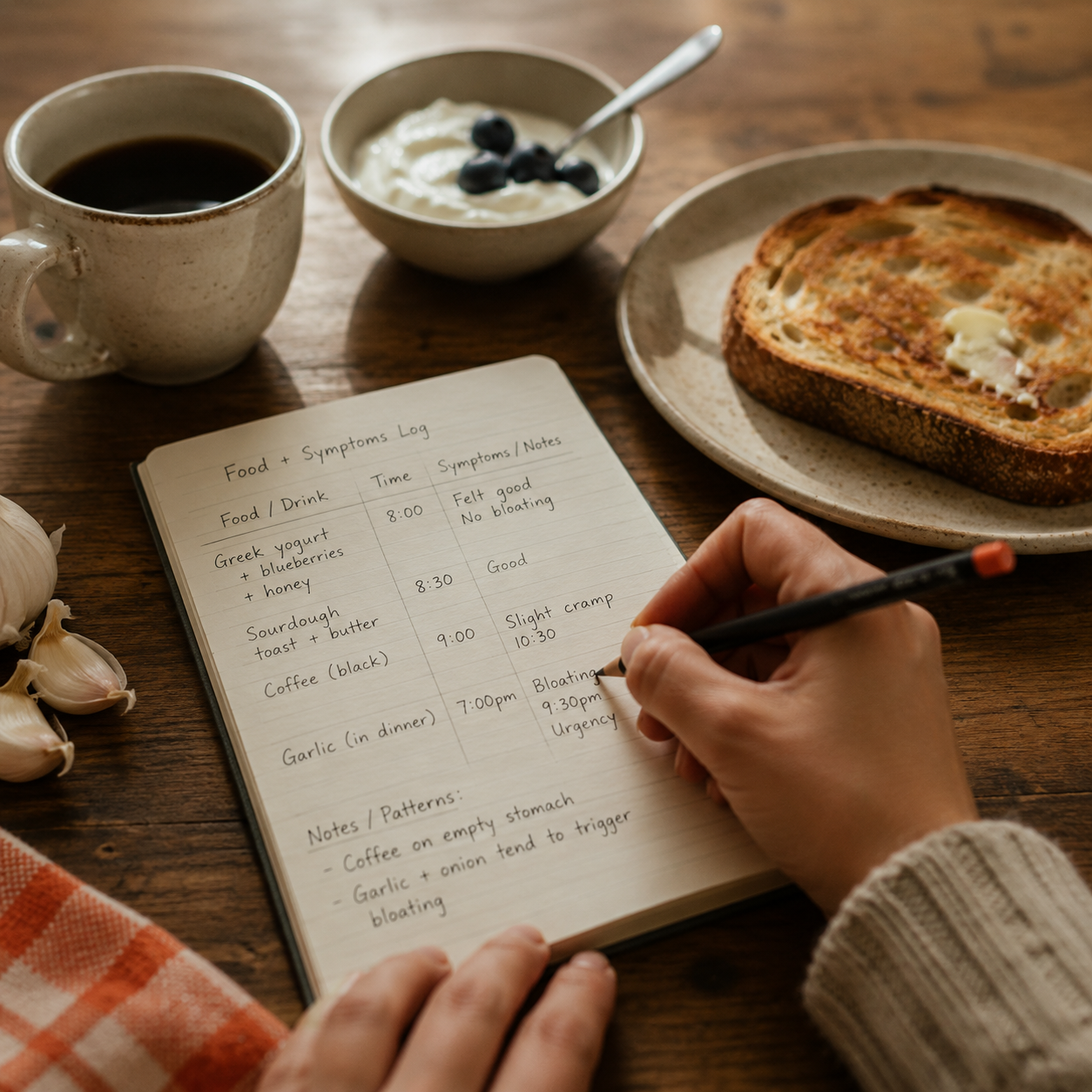 Close-up of a handwritten food and symptom diary logging coffee, yoghurt, toast and garlic alongside symptom notes such as bloating and cramps