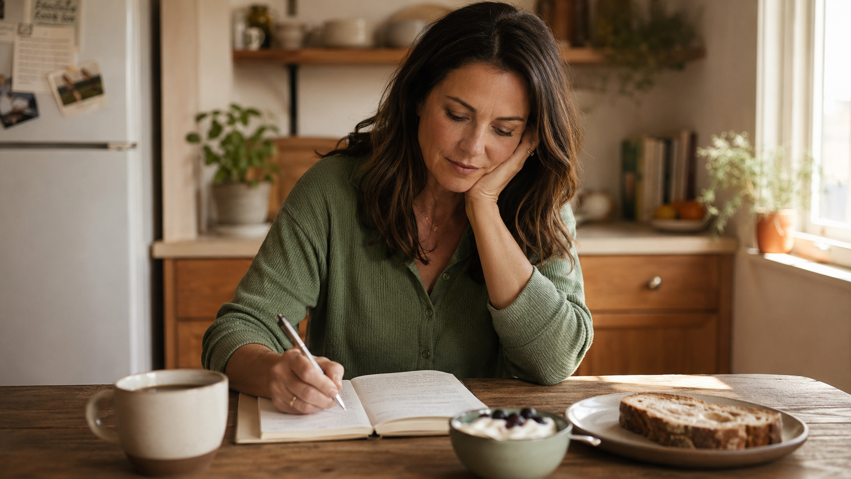 Woman writing in a food and symptom diary at a kitchen table, with coffee, yoghurt and toast in front of her