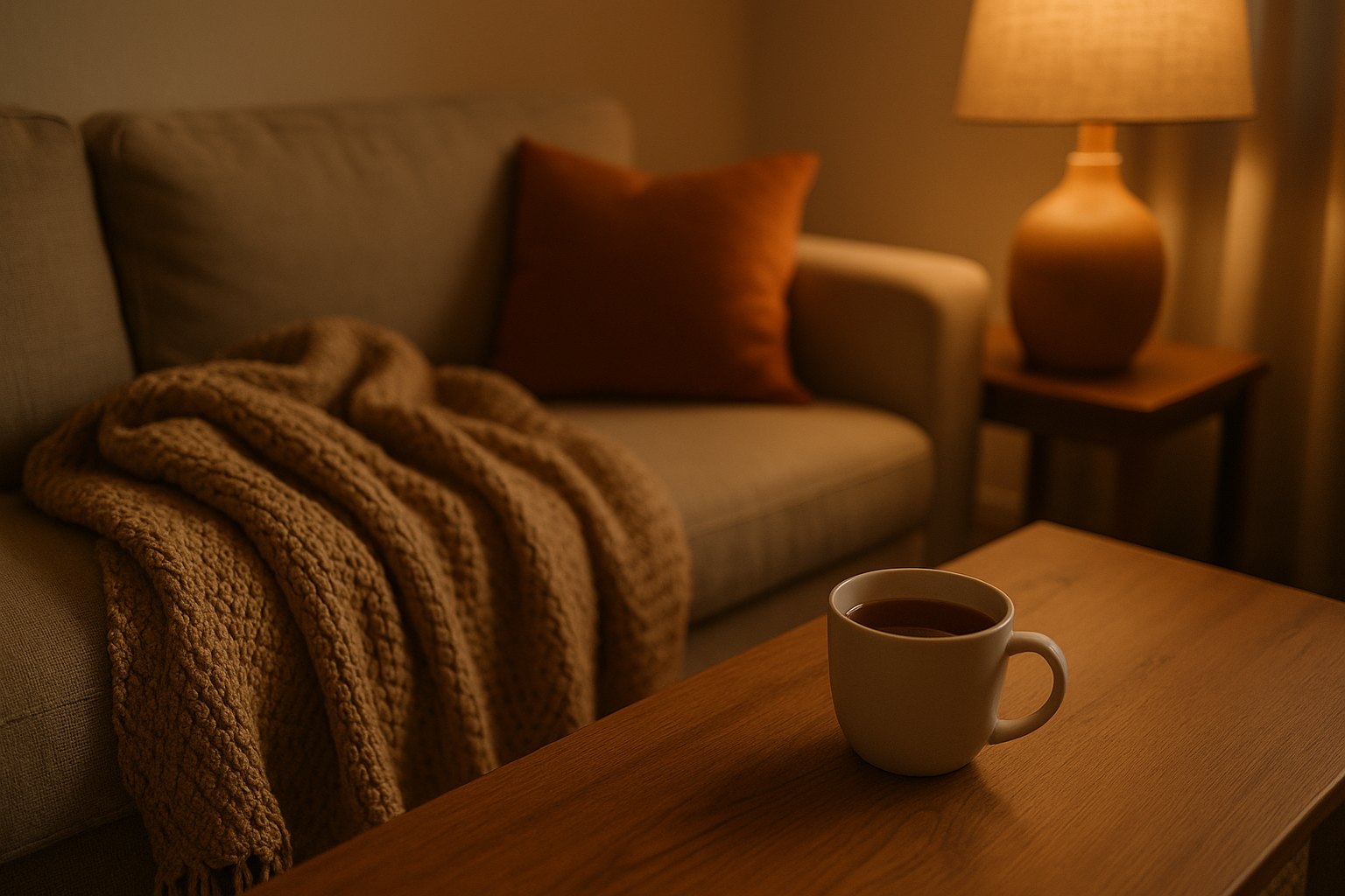A cosy living-room corner with a warm knitted blanket and a cup of tea in soft lamplight