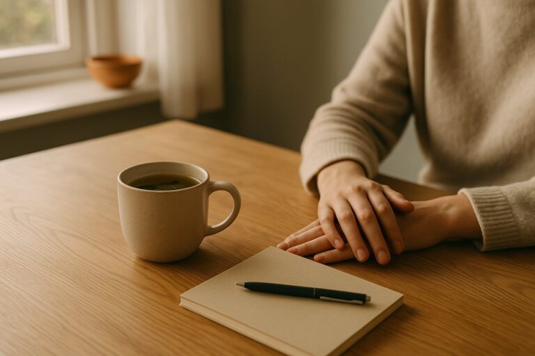 A calm morning scene with a cup of herbal tea and a closed notebook on a wooden table