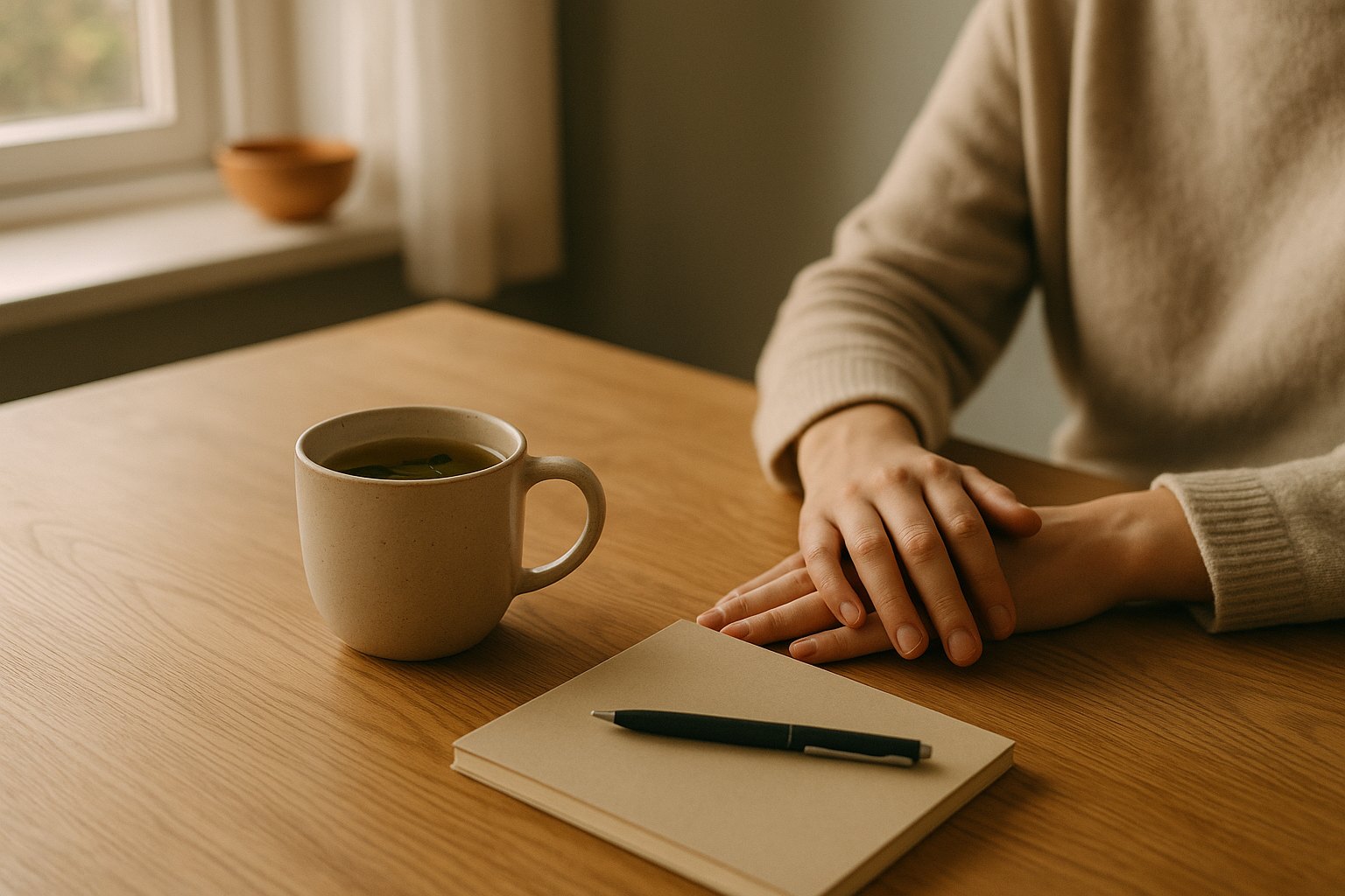 A calm morning scene with a cup of herbal tea and a closed notebook on a wooden table