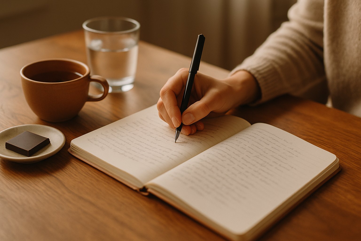Close-up of a hand writing in a handwritten food and symptom diary at a kitchen table, with herbal tea, a glass of water and a square of dark chocolate nearby