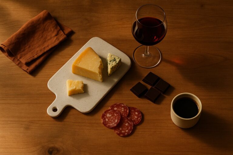 Foods commonly linked with migraine &mdash; aged cheddar and blue cheese, red wine, dark chocolate, salami and black coffee &mdash; arranged on a warm wooden table