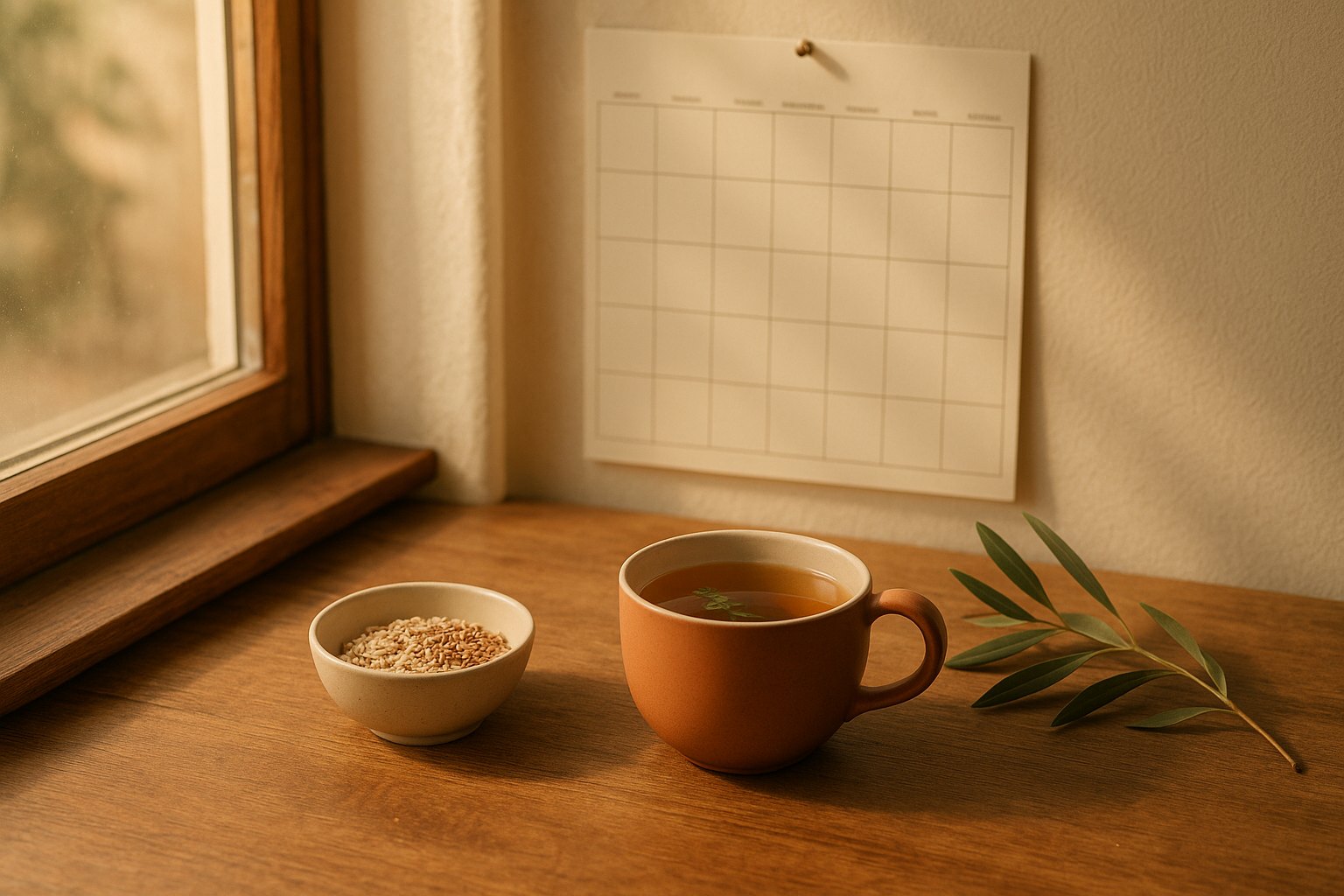 Herbal tea, a small bowl of oats and linseed and a blank monthly planner on a wooden table by a window