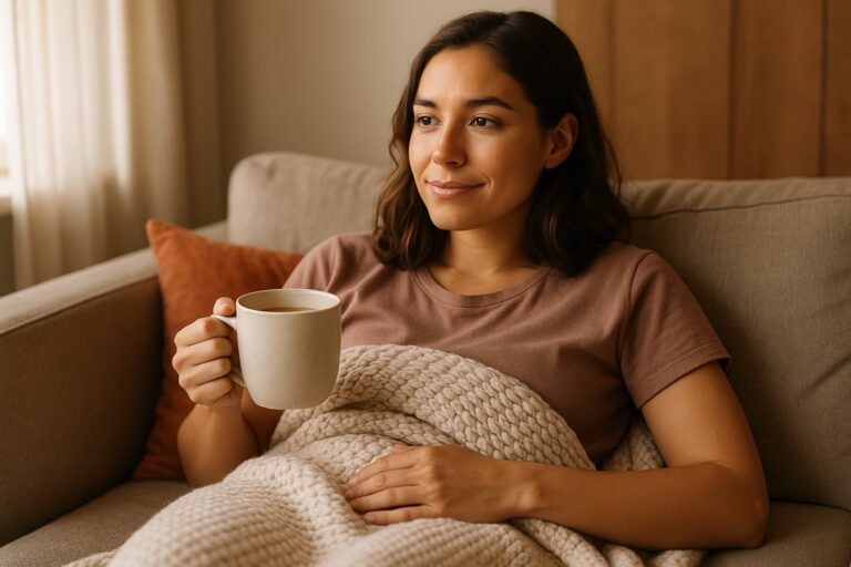 A young woman relaxing comfortably at home with a warm drink and a cosy blanket