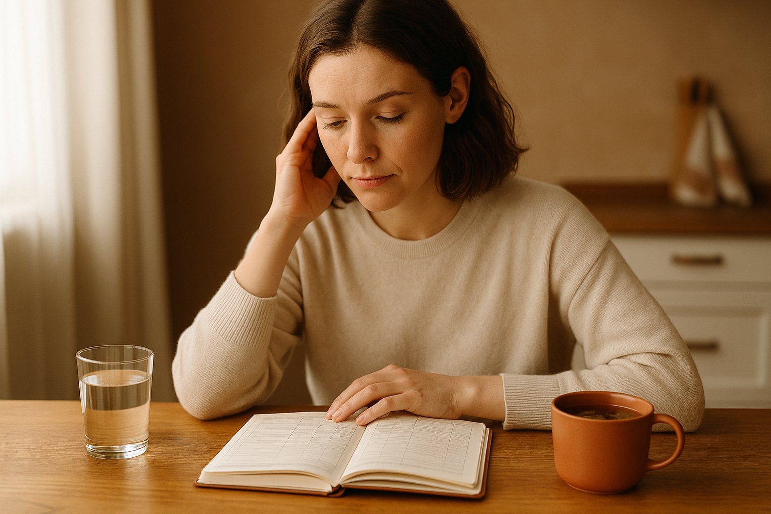 A woman sitting at a kitchen table reviewing her open food and symptom diary, with a cup of herbal tea and a glass of water nearby
