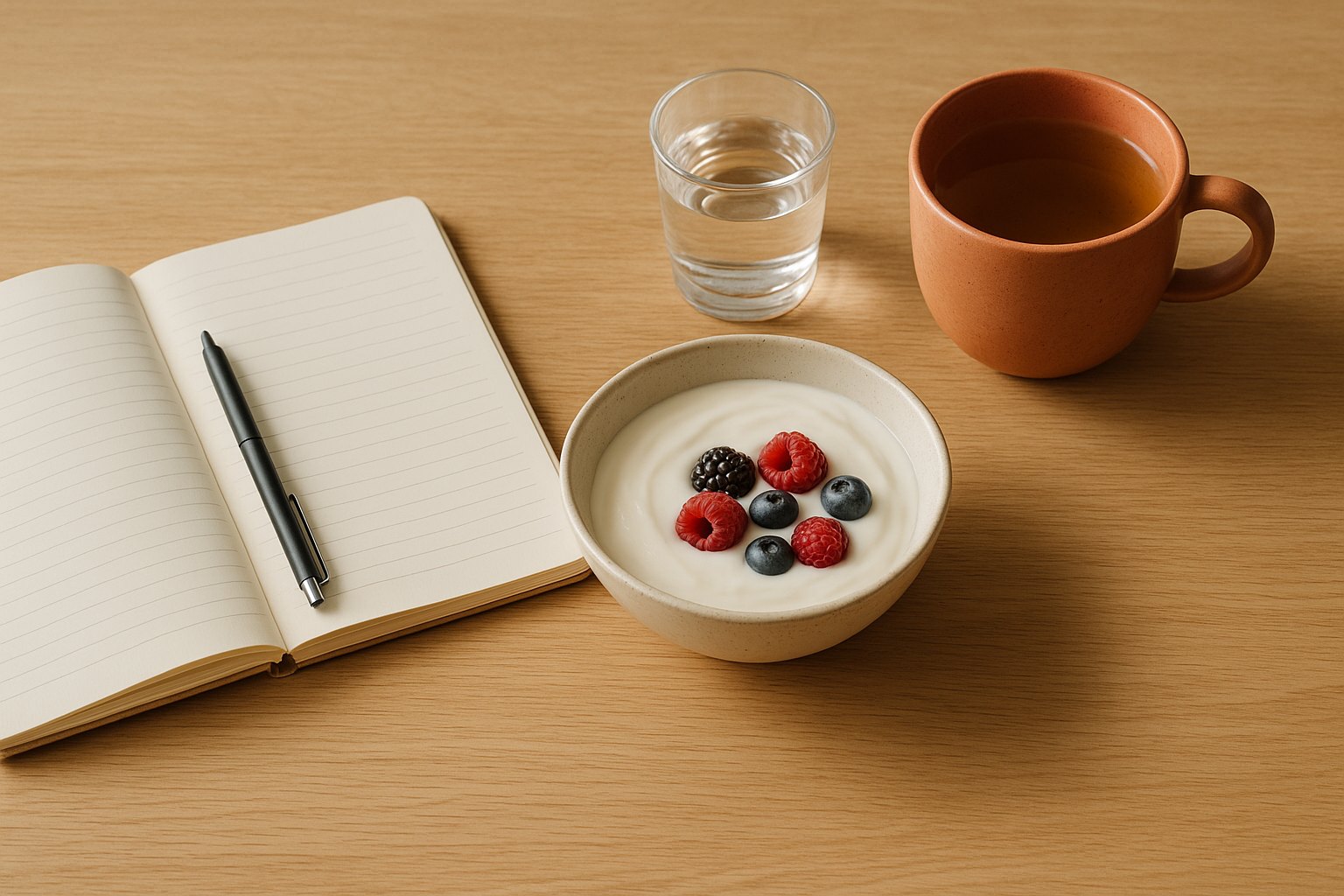 Open food diary notebook and pen beside a healthy breakfast of yoghurt with berries, a glass of water and a cup of herbal tea on a warm wooden table